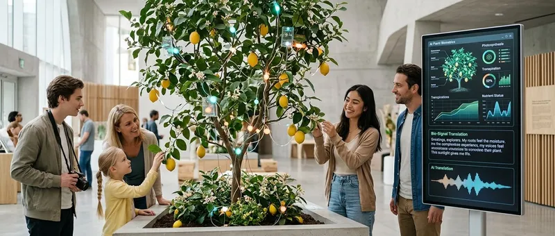 A family gathered around a living plant exhibit, watching its biosignal data appear in real time on a nearby screen.