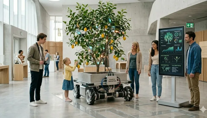 Museum visitors of all ages gathered around a living plant exhibit, watching its data appear on a nearby display.